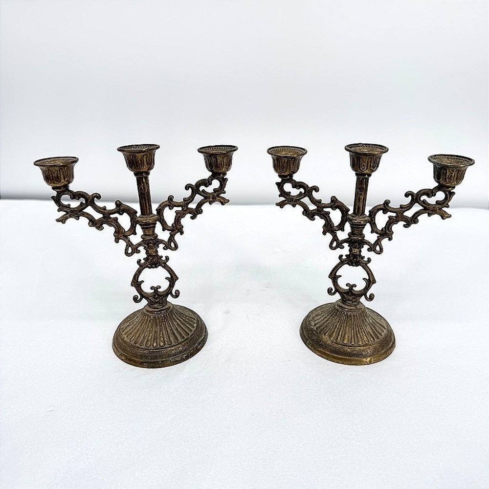 Interpur VTG Pair Triple Candleabra 5" Gold Brass Tone Italy Candlesticks Small